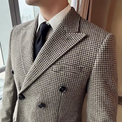 British Style Men Double Breasted Slim Fit Blazer 2024 New Houndstooth Slim Fit Suit Jacket Formal Business Wedding Dress Jacket