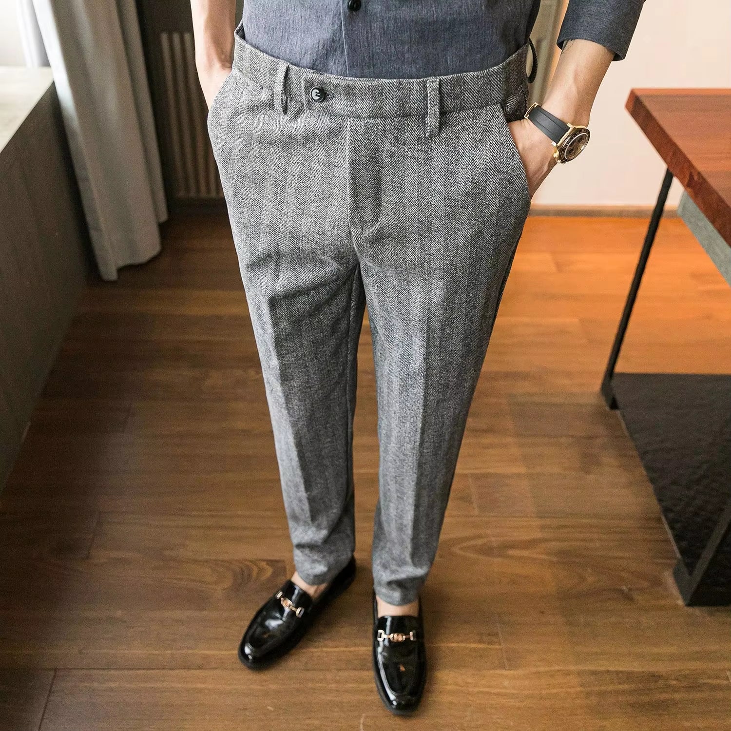 Woolen Office Suit Pants Men Slim British Style Wool Business Formal Dress Trousers 2020