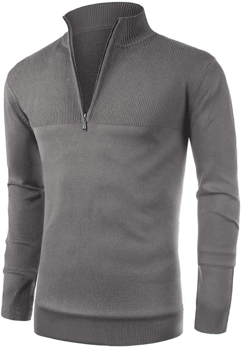 Mens Slim Fit Zip up Mock Neck Polo Sweater Casual Long Sleeve Sweater and Pullover Sweaters with Ribbing Edge