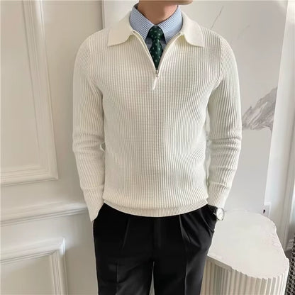 Men'S Clothing Luxury Knit Pullover Zipper Polo Neck Sweater Leisure Streetwear Popular Retro Solid Color Long Sleeve Knitwear