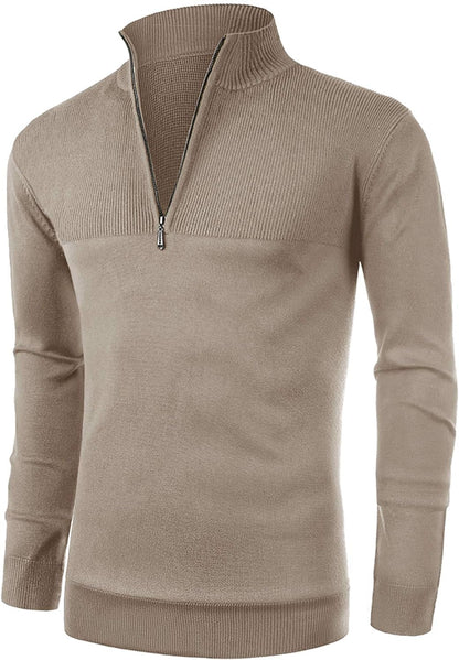 Mens Slim Fit Zip up Mock Neck Polo Sweater Casual Long Sleeve Sweater and Pullover Sweaters with Ribbing Edge