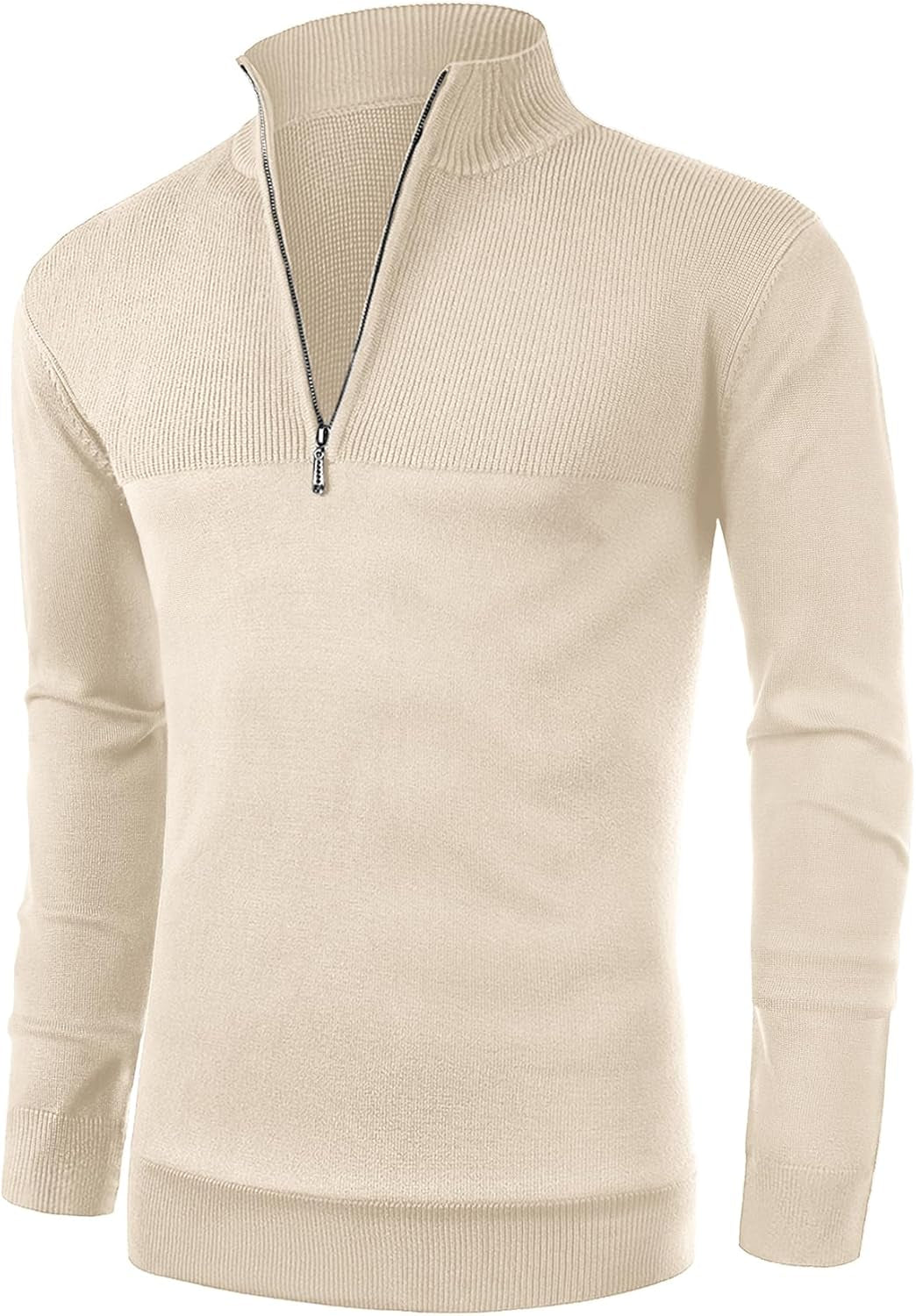 Mens Slim Fit Zip up Mock Neck Polo Sweater Casual Long Sleeve Sweater and Pullover Sweaters with Ribbing Edge