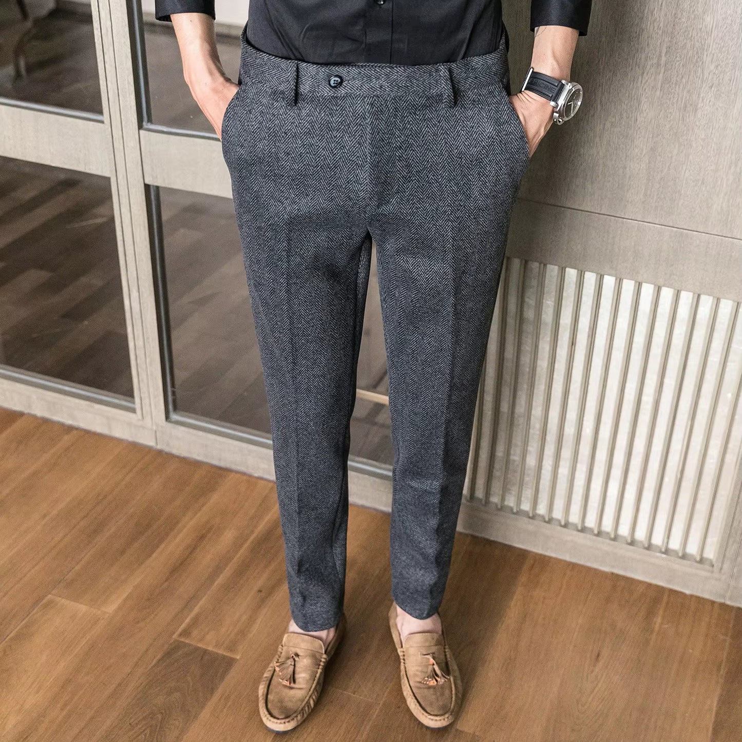 Woolen Office Suit Pants Men Slim British Style Wool Business Formal Dress Trousers 2020