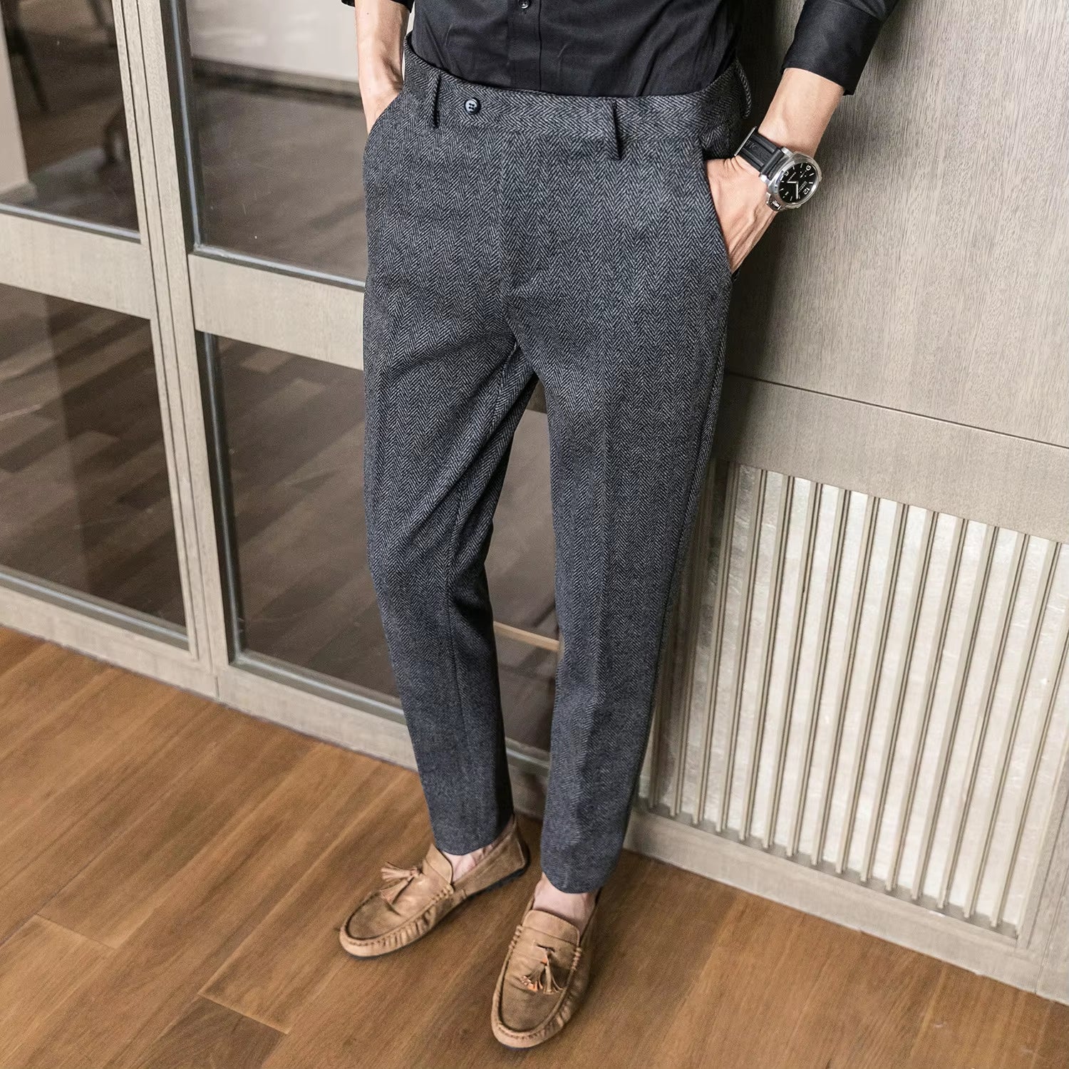 Woolen Office Suit Pants Men Slim British Style Wool Business Formal Dress Trousers 2020