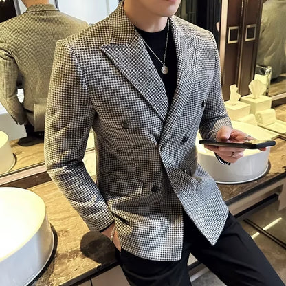 British Style Men Double Breasted Slim Fit Blazer 2024 New Houndstooth Slim Fit Suit Jacket Formal Business Wedding Dress Jacket