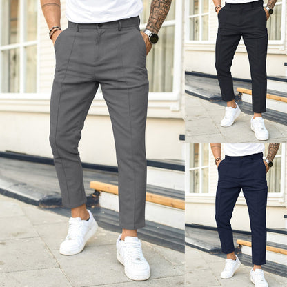 Men'S Double Fold Line Solid Color Casual Suit Pants