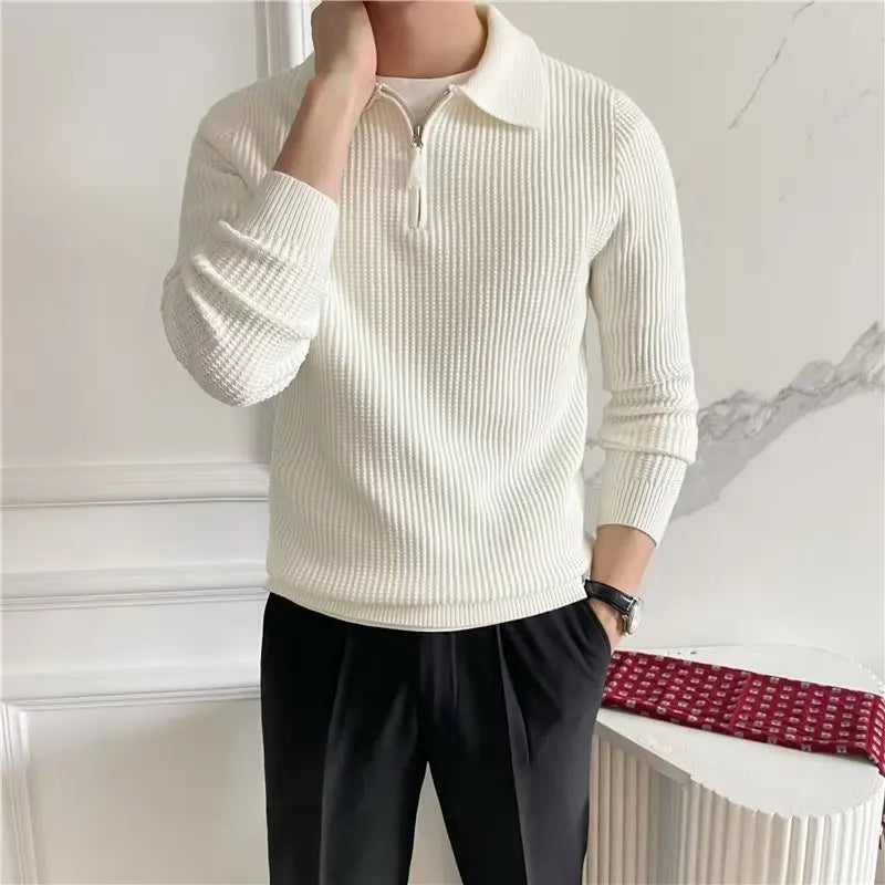 Men'S Clothing Luxury Knit Pullover Zipper Polo Neck Sweater Leisure Streetwear Popular Retro Solid Color Long Sleeve Knitwear