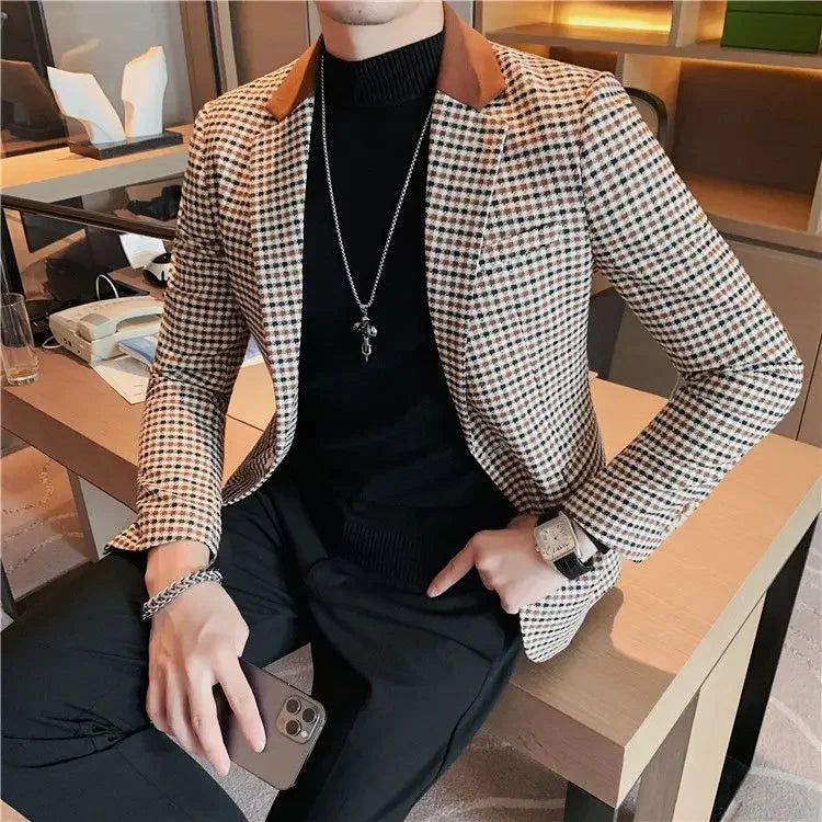 Coats Thin Slim Fit Man Business Suits and Blazers Plaid Spring Clothes Trendy 2024 Gentleman Casual New in Dress Jacket for Men