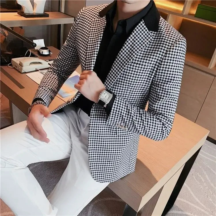 Coats Thin Slim Fit Man Business Suits and Blazers Plaid Spring Clothes Trendy 2024 Gentleman Casual New in Dress Jacket for Men