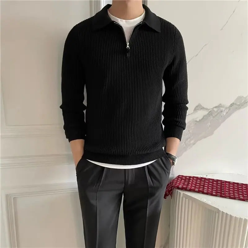 Men'S Clothing Luxury Knit Pullover Zipper Polo Neck Sweater Leisure Streetwear Popular Retro Solid Color Long Sleeve Knitwear