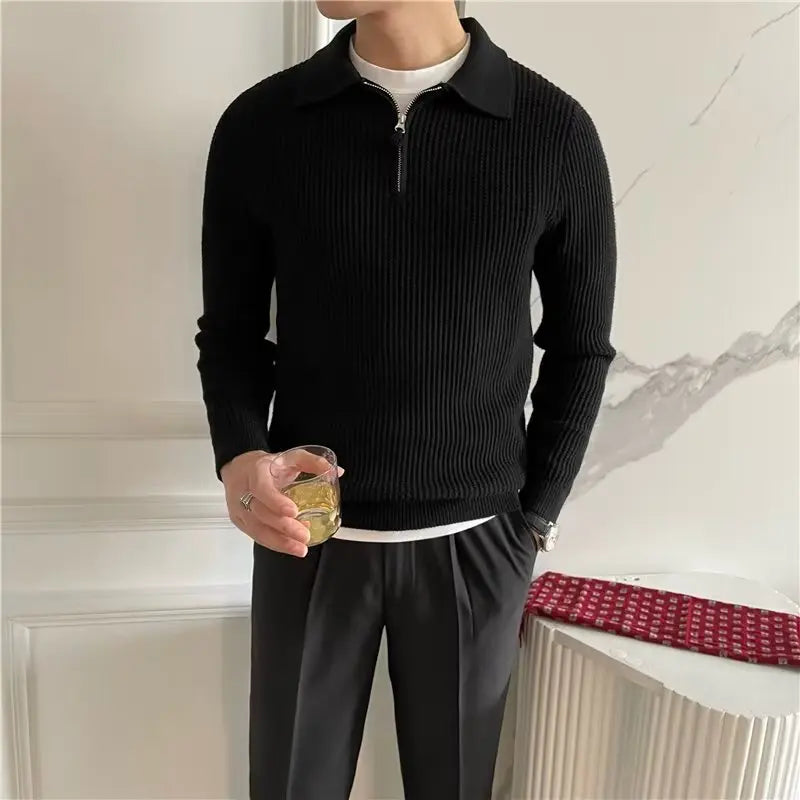 Men'S Clothing Luxury Knit Pullover Zipper Polo Neck Sweater Leisure Streetwear Popular Retro Solid Color Long Sleeve Knitwear