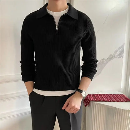 Men'S Clothing Luxury Knit Pullover Zipper Polo Neck Sweater Leisure Streetwear Popular Retro Solid Color Long Sleeve Knitwear