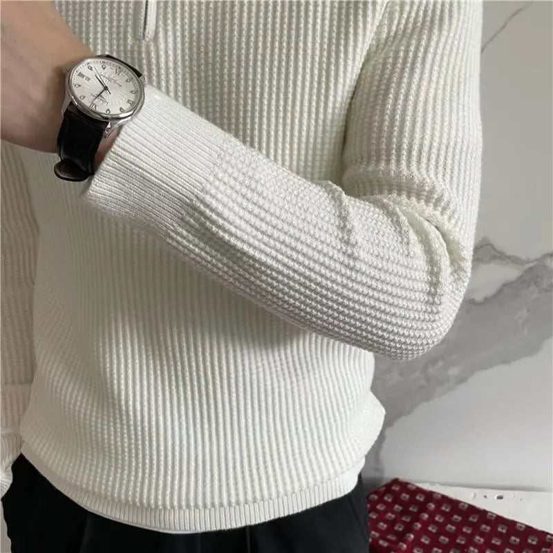 Men'S Clothing Luxury Knit Pullover Zipper Polo Neck Sweater Leisure Streetwear Popular Retro Solid Color Long Sleeve Knitwear