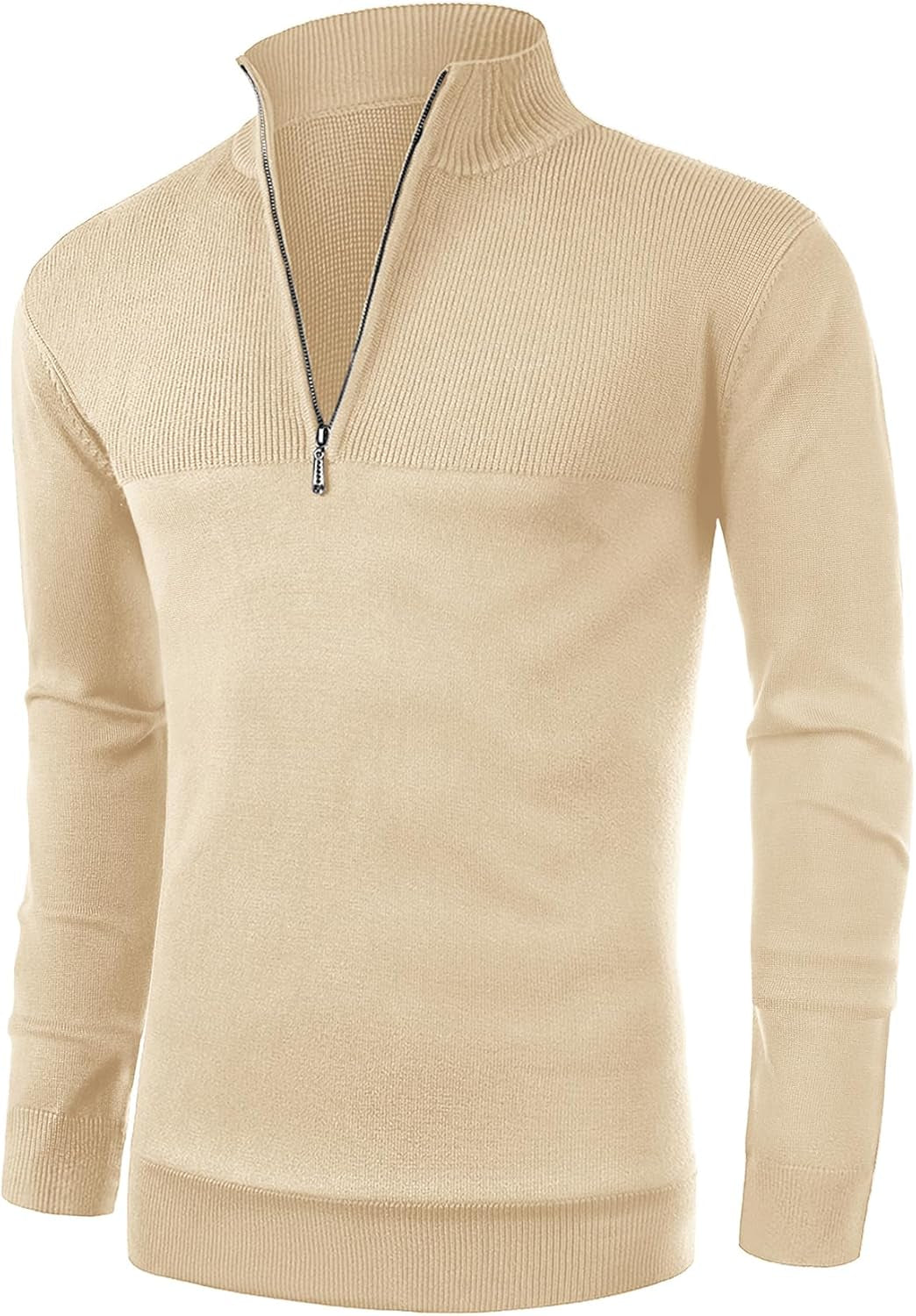 Mens Slim Fit Zip up Mock Neck Polo Sweater Casual Long Sleeve Sweater and Pullover Sweaters with Ribbing Edge