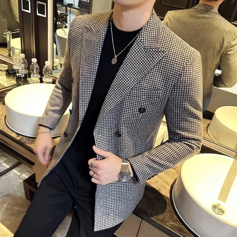 British Style Men Double Breasted Slim Fit Blazer 2024 New Houndstooth Slim Fit Suit Jacket Formal Business Wedding Dress Jacket