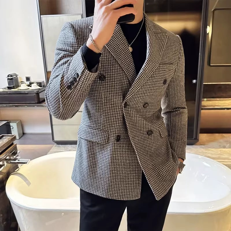 British Style Men Double Breasted Slim Fit Blazer 2024 New Houndstooth Slim Fit Suit Jacket Formal Business Wedding Dress Jacket