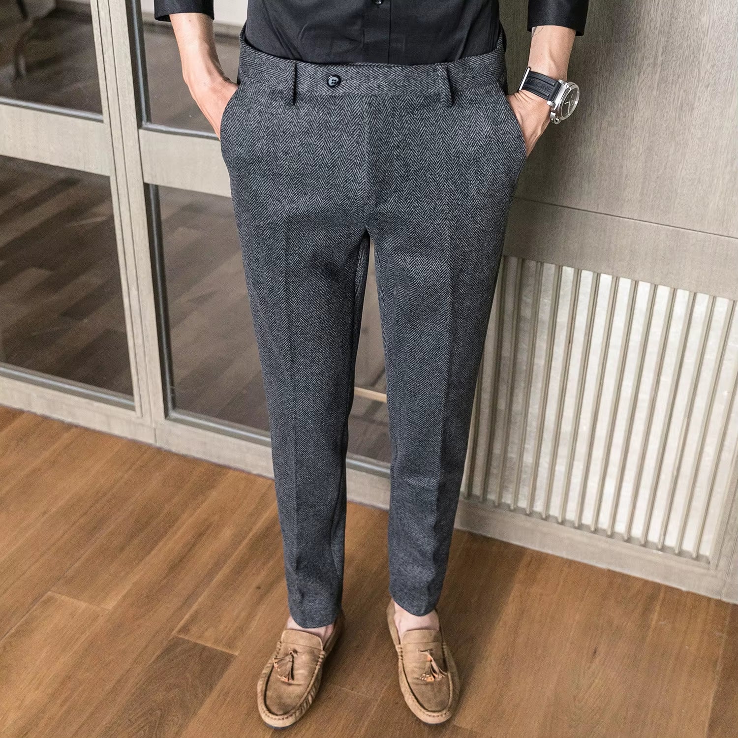 Woolen Office Suit Pants Men Slim British Style Wool Business Formal Dress Trousers 2020