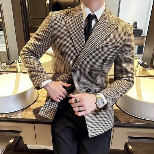 British Style Men Double Breasted Slim Fit Blazer 2024 New Houndstooth Slim Fit Suit Jacket Formal Business Wedding Dress Jacket