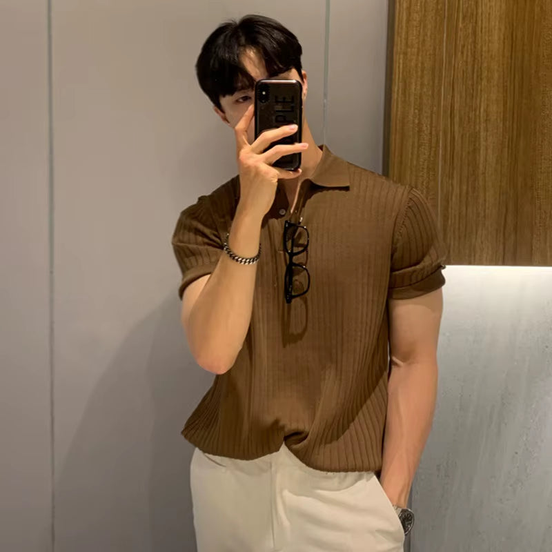 Men Short Sleeve T Shirt Knit Polo T-Shirts Casual Social Shirts Korean Harajuku T Shirts Slim Soild Retro Tops Tees Man Clothes